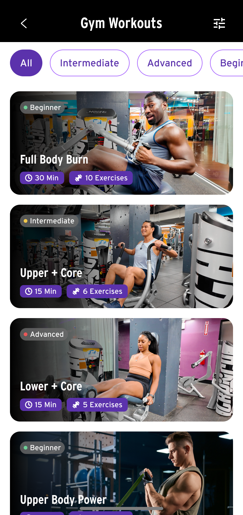 Gym Workouts list